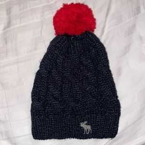 Abercrombie Fitch Blue beanie red puff Pom Pom